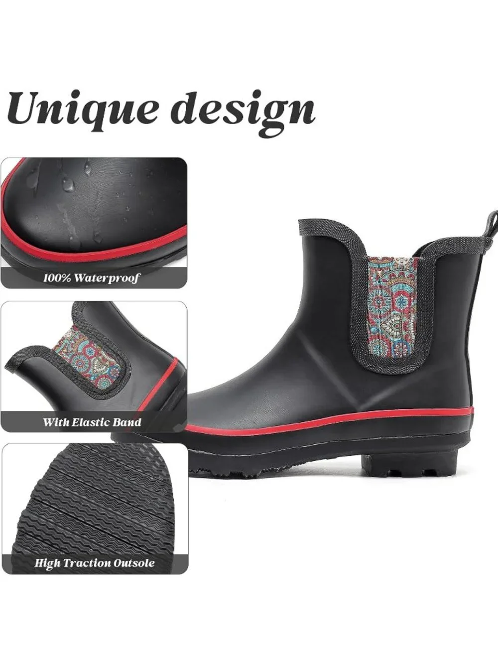 Women's Black Light Ankle Garden Anti-Slipping Floral Printed Stylish Rain Boots